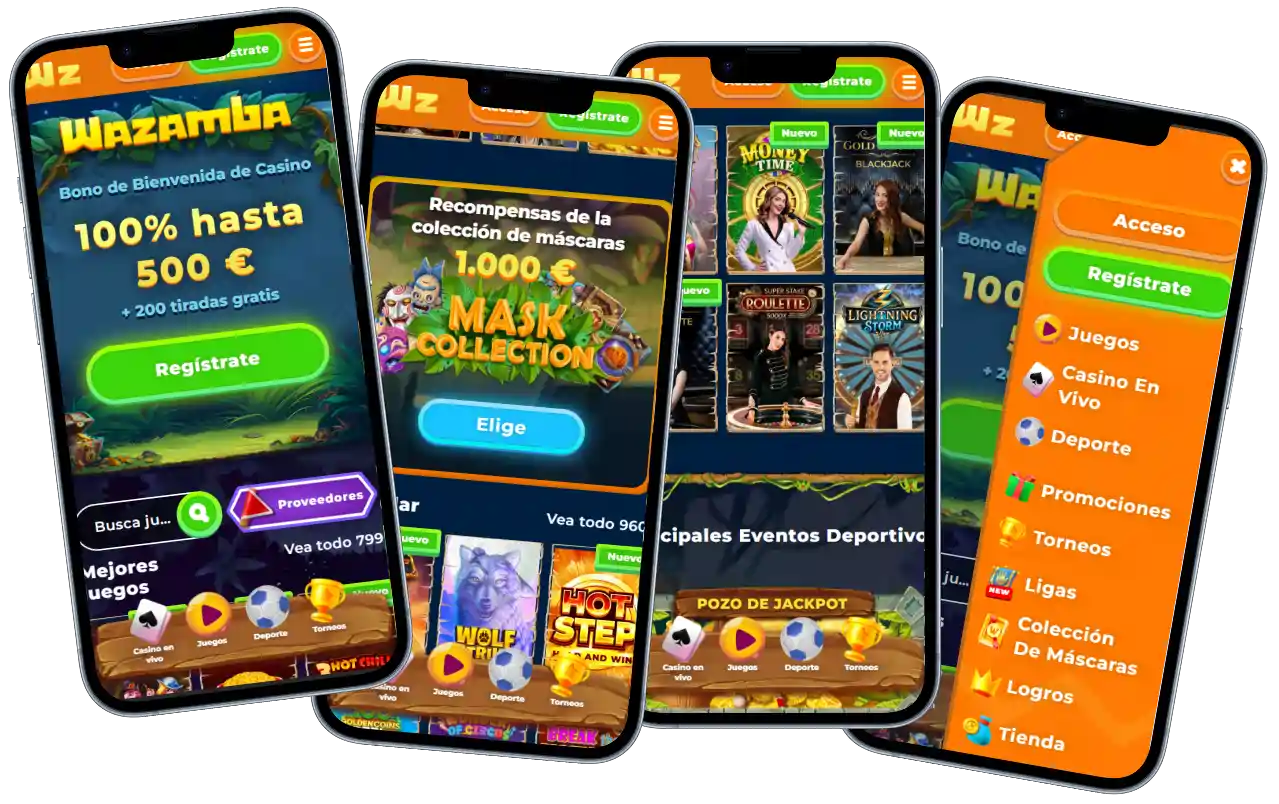 Wazamba Casino versión móvil con menú, juegos y promociones
